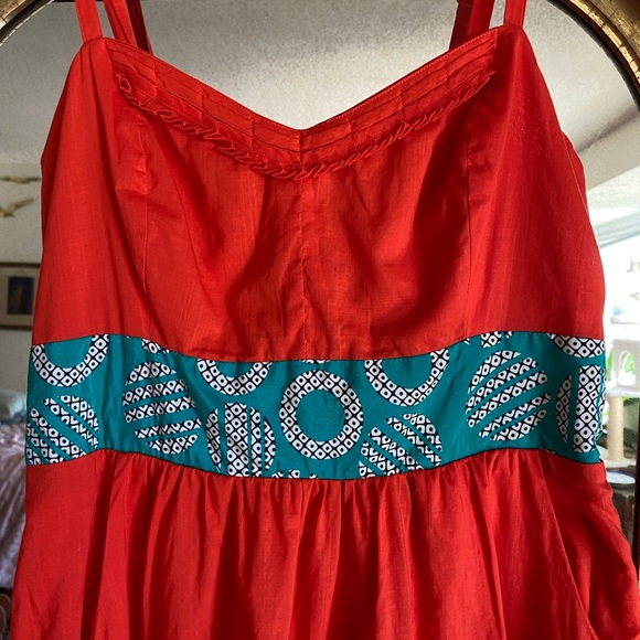 Anthropologie Edme & Esyllte Redish Orange Dress with Green Waist Size 6 - Picture 4 of 10